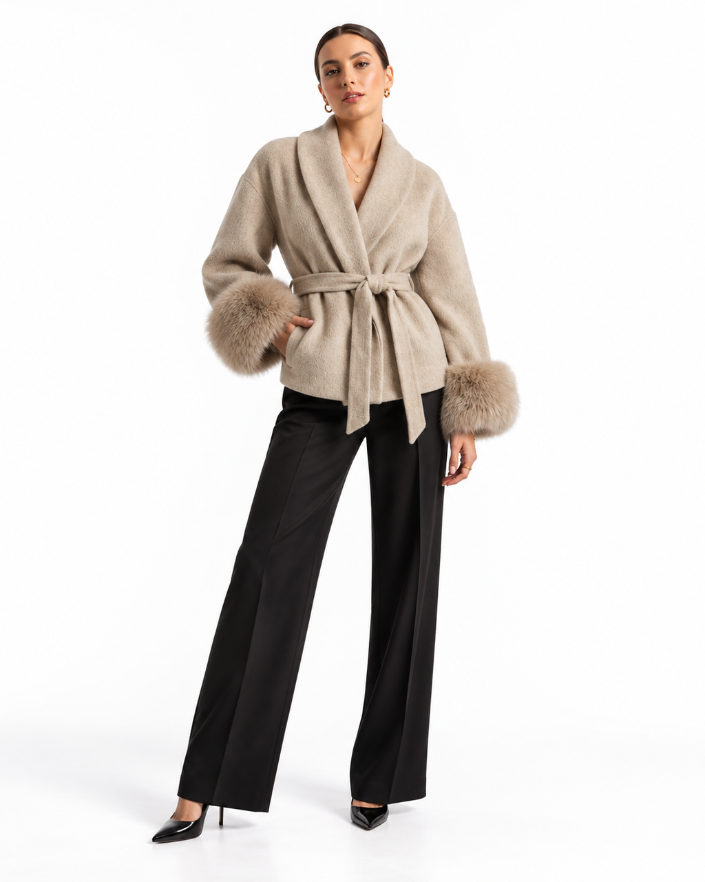 The Elara Fur-Cuff Wrap Jacket