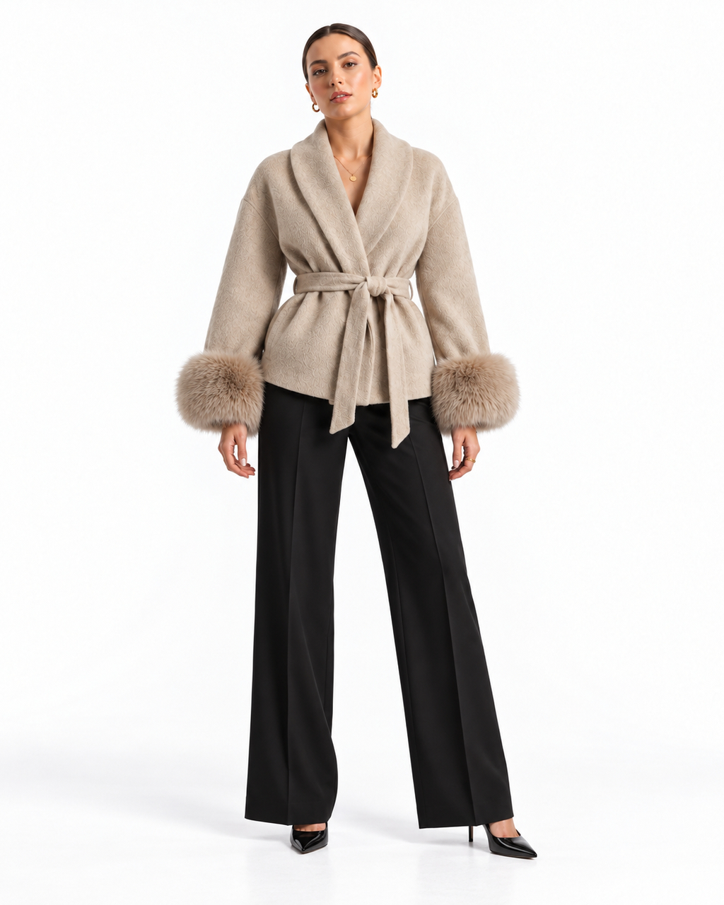 The Elara Fur-Cuff Wrap Jacket