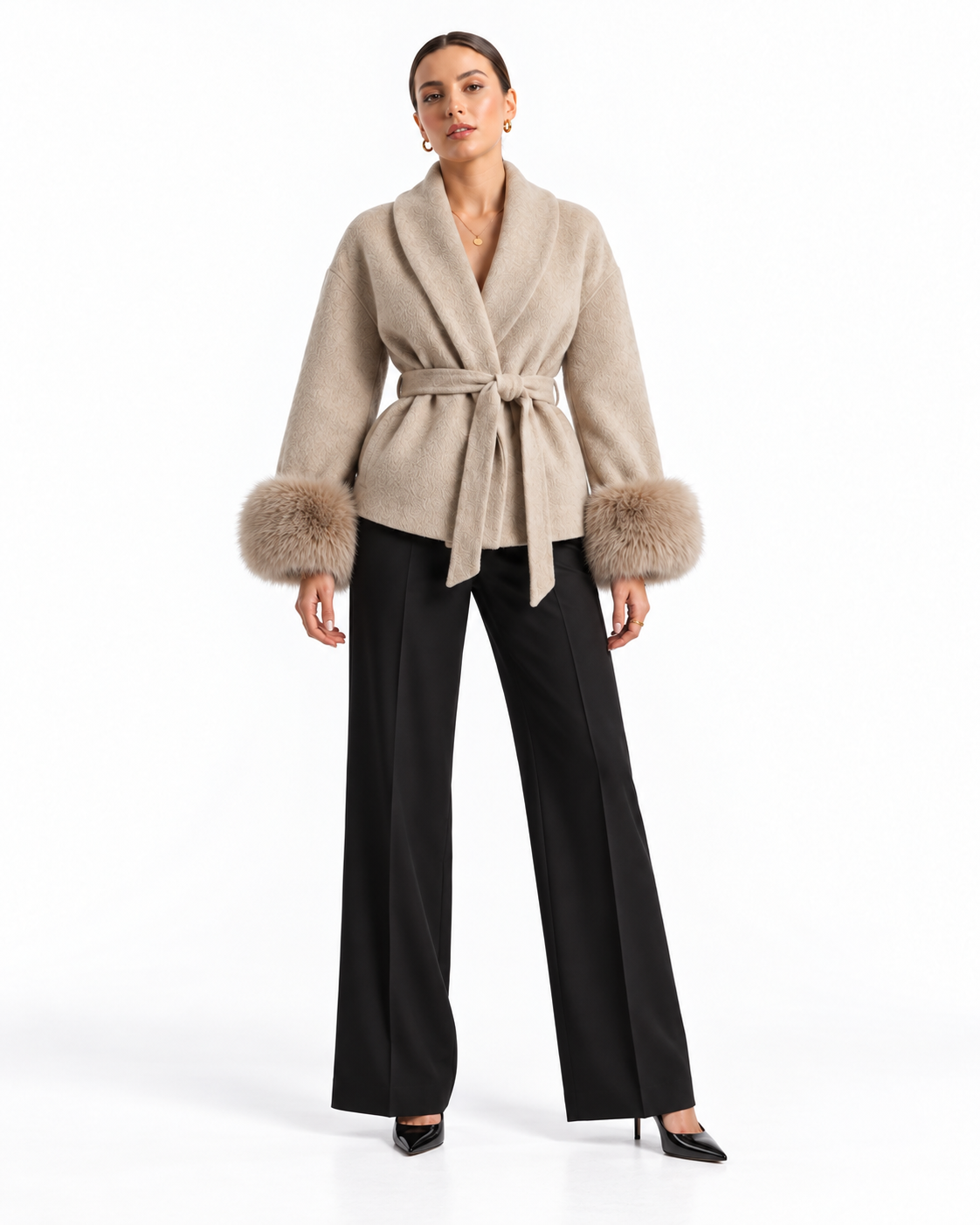 The Elara Fur-Cuff Wrap Jacket