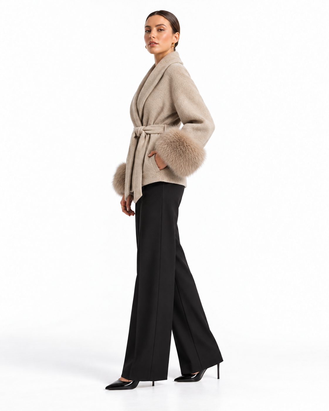 The Elara Fur-Cuff Wrap Jacket