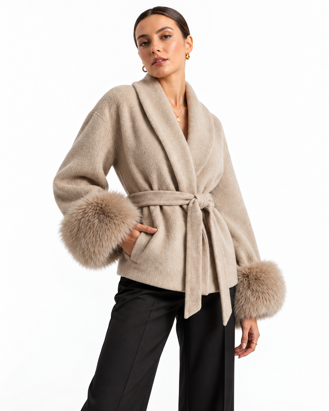The Elara Fur-Cuff Wrap Jacket